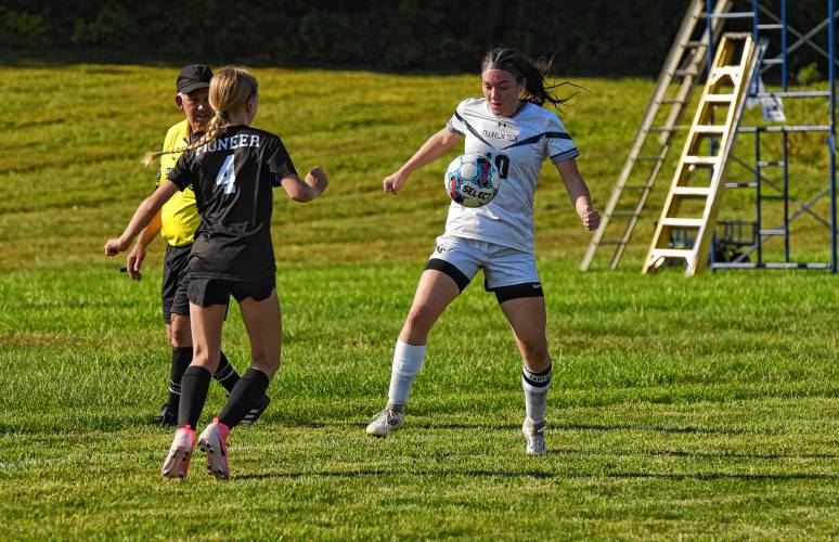 Franklin Tech’s Mia Marigliano (10) tries to gain possession against Pioneer during the teams’ 0-0 tie in season-opening Bi-County League action on Wednesday in Northfield.