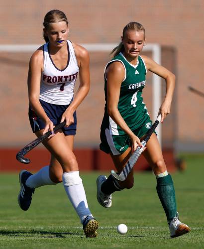 Frontier’s Elsa Brown (7), left, and Greenfield’s Henley Gilstrap (4) vie for possession in the second quarter Wednesday in South Deerfield.