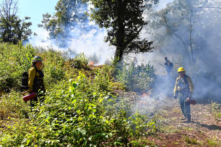 Personnel monitor a controlled burn in the Leyden Wildlife Management Area on Wednesday.