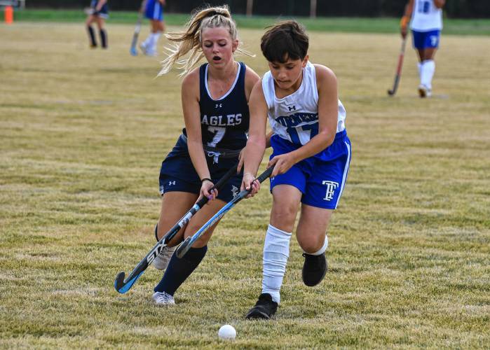 Franklin Tech’s Cammy Jacques, left, and Turners Falls’ Niki Nelson battle for possession during the visiting Eagles’ 1-0 victory in Turners Falls on Friday.