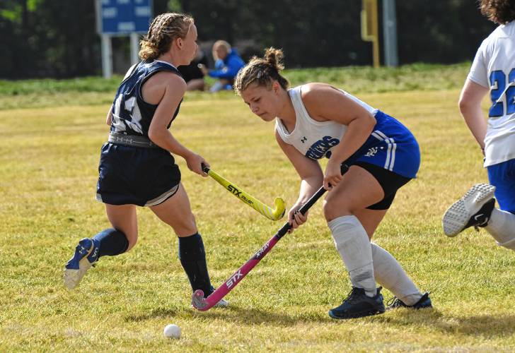 Turners Falls’ Clara Guidaboni readies to clear the ball out of danger against Franklin Tech during field hockey action in Turners Falls on Friday.