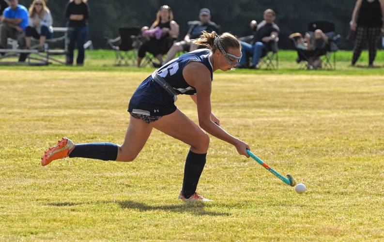 Franklin Tech’s Avery Heathwaite moves through the midfield against Turners Falls during field hockey action in Turners Falls on Friday.