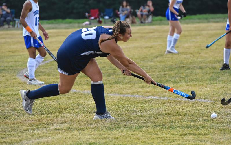 Franklin Tech’s Lili Inman (20) fires the ball into the box against Turners Falls during field hockey action in Turners Falls on Friday.