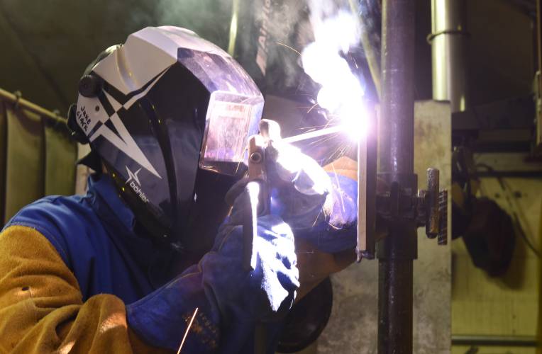 Millers Falls resident Jake Clark takes a welding class at Franklin County Technical School in 2022. Franklin Tech, in collaboration with the MassHire Franklin Hampshire Career Center, is offering courses in automotive technology, electrical, horticulture, and welding and metal fabrication for adult learners starting this week.