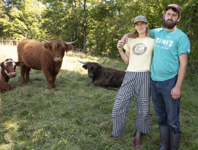 Brooke Bullock and John Collector, owners of Stonebridge Farm in Chesterfield, with cows kept in rotational grazing fences.