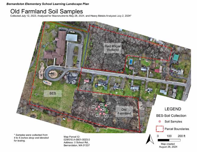 A site map of soil samples taken by John Lepore on land adjacent to Bernardston Elementary School.