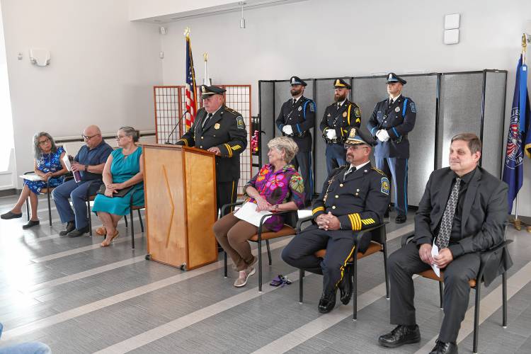 Greenfield Police Lt. Christopher Greene serves as master of ceremonies for the swearing-in of Todd Dodge as Greenfield’s permanent police chief at the John Zon Community Center on Tuesday evening.