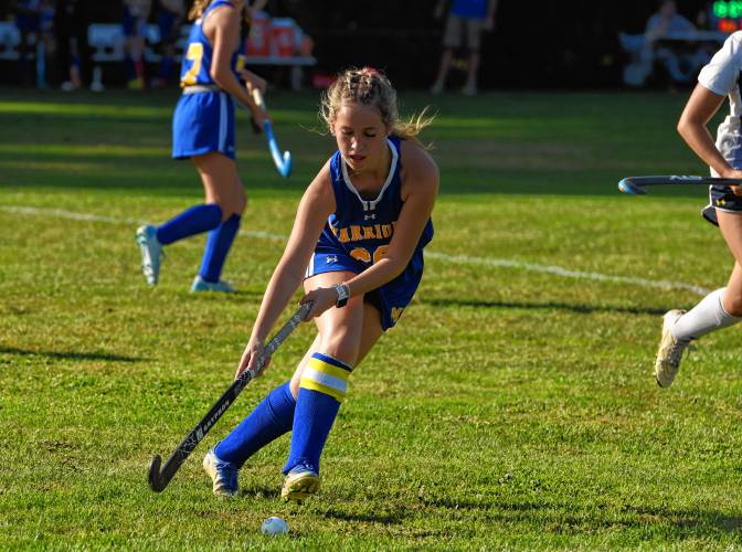 Mohawk Trail’s Jayda Waters carries the ball against Northampton during Valley League field hockey action on Wednesday in Northampton.