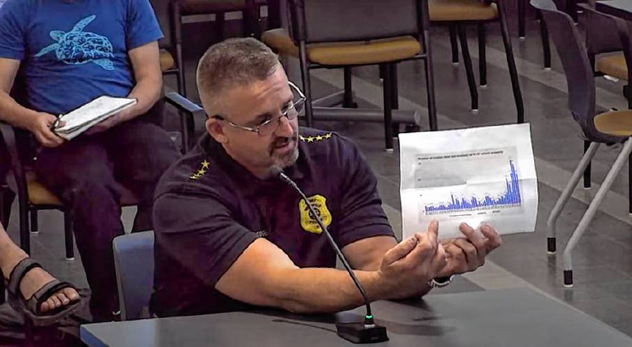 Police Chief Todd Dodge displays a chart depicting a rise in child fatalities from shootings over the years at a Greenfield School Committee meeting on Wednesday.