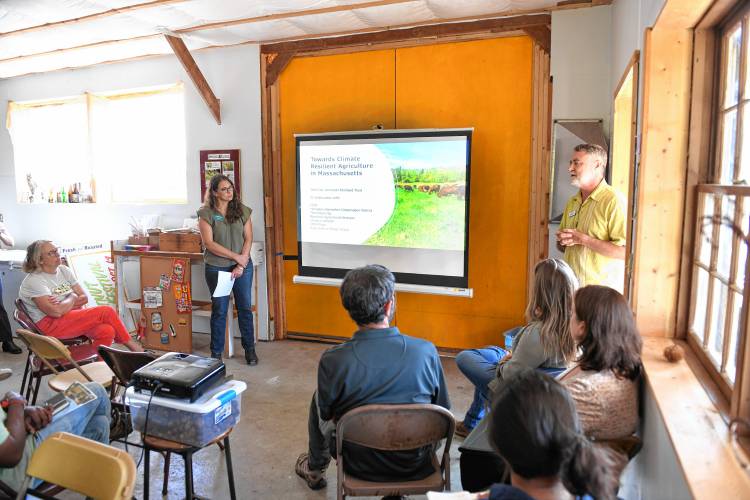 Julie Fine of the American Farmland Trust and Stephen Taranto of Community Involved in Sustaining Agriculture (CISA) lead a discussion at Big River Chestnuts in Sunderland on Monday.