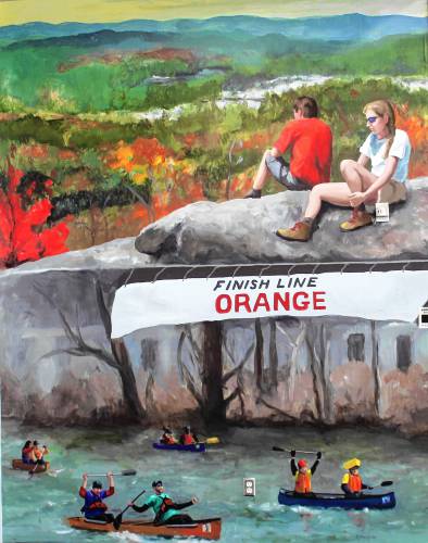 This mural by New York artist Kathleen Erin Lee is on the wall as customers enter the Walmart Supercenter in Orange. It depicts the annual River Rat Race, as Orange is the site of the finish line, and the 118-acre Lake Mattawa and Tully Mountain.