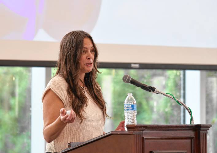 Keynote speaker Abby Bliss, family advocate at the Children’s Advocacy Center of Franklin County and North Quabbin, shares her personal story at the annual Help, Hope and Healing Breakfast held at Greenfield Community College on Friday.