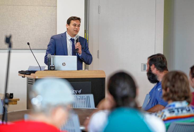 State Rep. Danillo Sena speaks during a forum hosted by the Public Higher Education Network of Massachusetts and the UMass Amherst Student Government Association to discuss the Debt Free Future Act with legislators Tuesday at the University of Massachusetts Amherst.