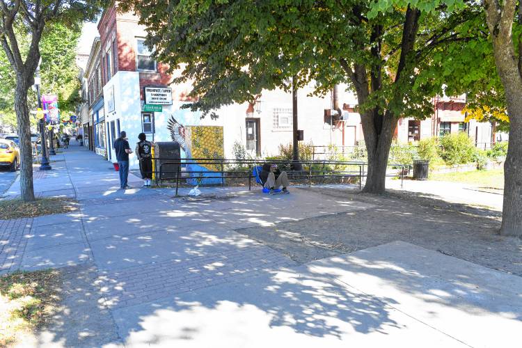 The benches, chess table and bee sculpture have been removed from the pocket park at the end of Miles Street abutting the Main Street sidewalk in Greenfield.