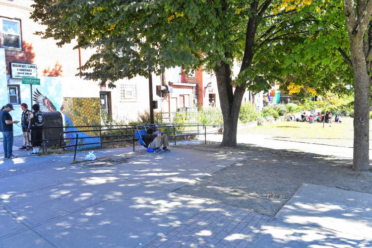 The benches, chess table and bee sculpture have been removed from the pocket park at the end of Miles Street abutting the Main Street sidewalk in Greenfield.