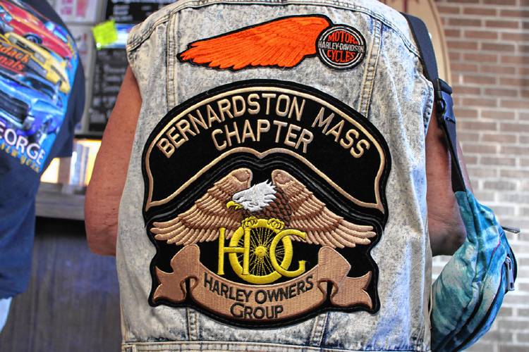 Sue McMahon has a Bernardston HOG chapter patch proudly displayed on her vest. McMahon worked with Michael Holden to organize the reunion.