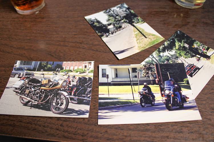 Photos of Bernie McGarrah and his yellow Vincent model Harley Davidson during a benefit ride. McGarrah was an editor at the Recorder, a Greenfield selectman and a member of the Bernardston HOG chapter. McGarrah passed in 2021.