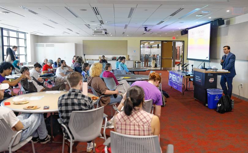 State Rep. Danillo Sena speaks during a forum hosted by the Public Higher Education Network of Massachusetts and the UMass Amherst Student Government Association to discuss the Debt Free Future Act with legislators on Tuesday at the University of Massachusetts Amherst.