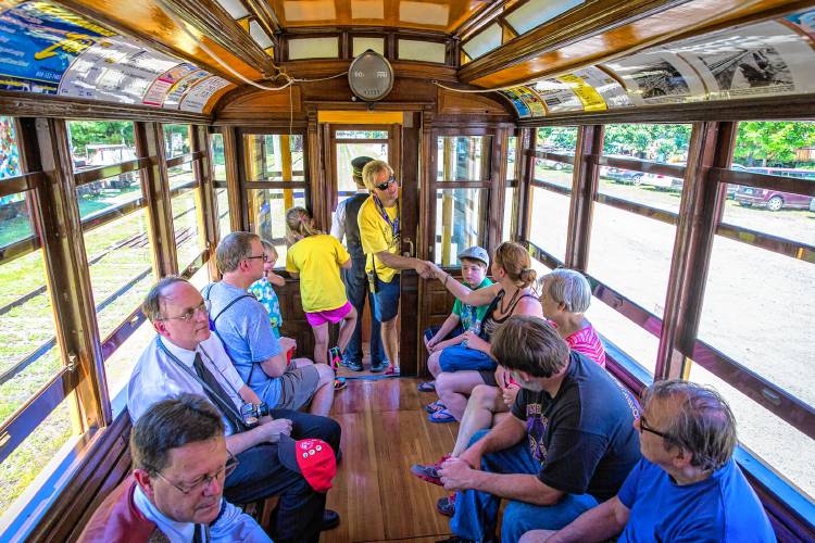 Visitors to the 2016 Trolleyfest at the Shelburne Falls Trolley Museum ride Trolley No. 10. The event returns on Saturday, Sept. 28.