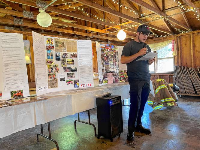 Hawley Fire Lt. and Emergency Management Director Brandon Root speaks during a Sept. 15 celebration marking the Hawley Volunteer Fire Department’s 40th anniversary.