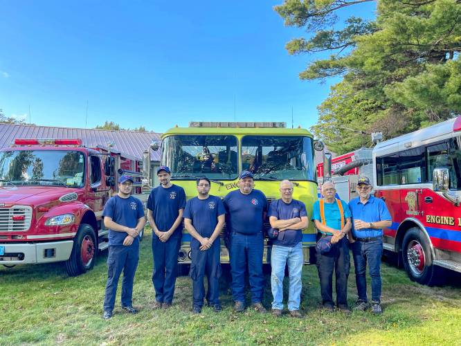 From left, Brandon Root, Jacob Gilbert, Hussain Hamdan, Christopher Tirone, Gregory Cox, Robert “Bob” Root and Scott Purinton of the Hawley Volunteer Fire Department.