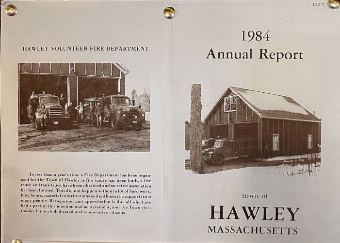 Displays at the Hawley Grove during a Sept. 15 celebration recall the history of the Hawley Volunteer Fire Department since it was founded in 1984.