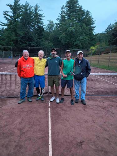 The Greenfield Tennis Association Doubles Tournament's B Division winning team. From left to right: Rich Corey. JJ White, Jim Welch, Craig Cohen, Ken Hubbard. 