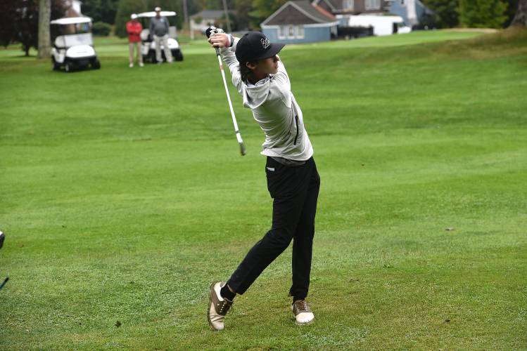 Franklin Tech's Gabe Mota hit a shot on Hole No. 3 at Thomas Memorial during a match against Athol earlier this season. 