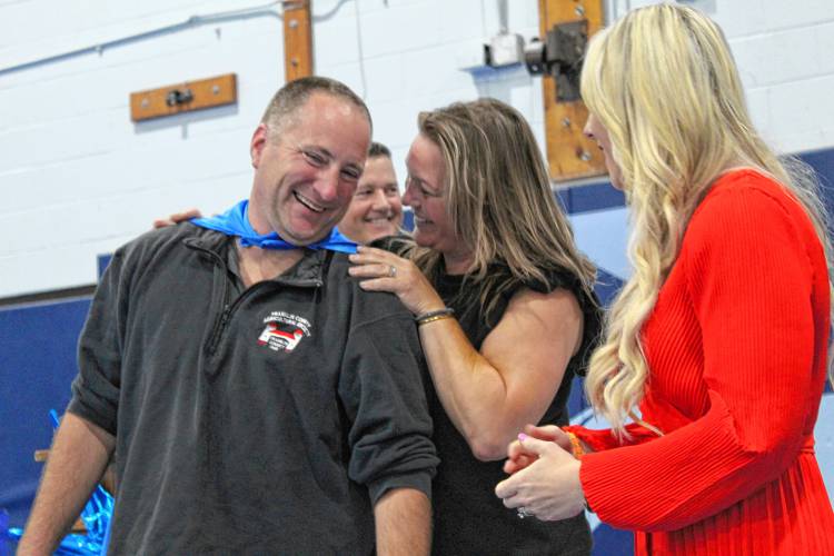 State Rep. Natalie Blais honors Franklin County Agricultural Society President Michael Nelson at the Franklin County Chamber of Commerce’s “Super Chamber Breakfast” on Friday at Franklin County Technical School.