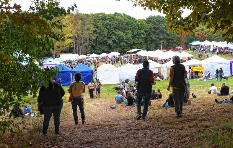 People stroll among the food, music and craft vendors at the North Quabbin Garlic and Arts Festival in Orange on Sunday afternoon.