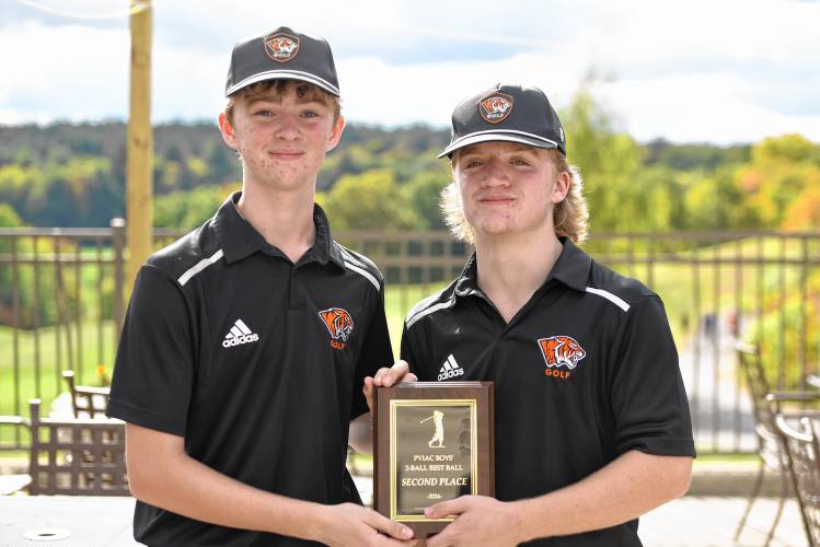 South Hadley’s duo of Ryan MacGregor (left) and Caiden Drohan (right) captured second place with a round of 68 at the PVIAC Boys Golf Two-Ball Invitational at Cold Spring Country Club in Belchertown on Monday afternoon.