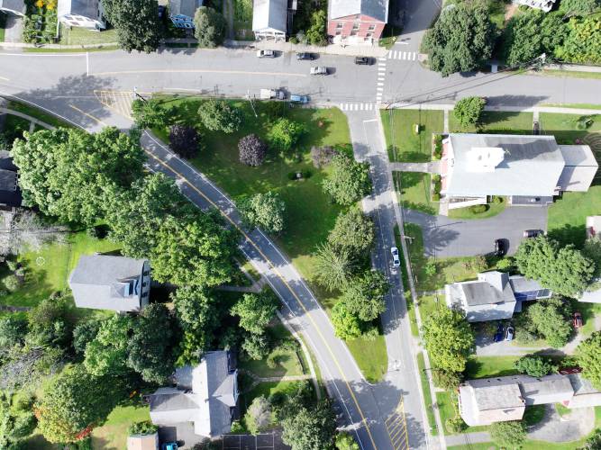 An aerial image of Montague Center. With a series of planned road improvements, town officials aim to address speeding, improve crosswalks, add bicycle lanes and increase accessibility in the village.