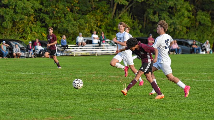 Easthampton freshman Younes Oulbied scores his second goal of the game during the second half of the Eagles’ 2-0 win over Mahar on Wednesday afternoon at Nonotuck Park.