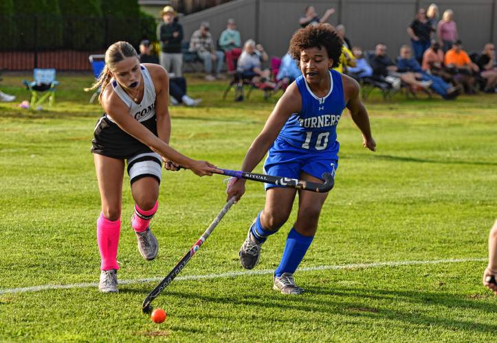 Turners Falls’ Khalifa Sack (10) denies Smith Academy’s Alexa Jagodzinski of an opportunity in the second half of a 2-1 Falcons win on Thursday afternoon in Hatfield.