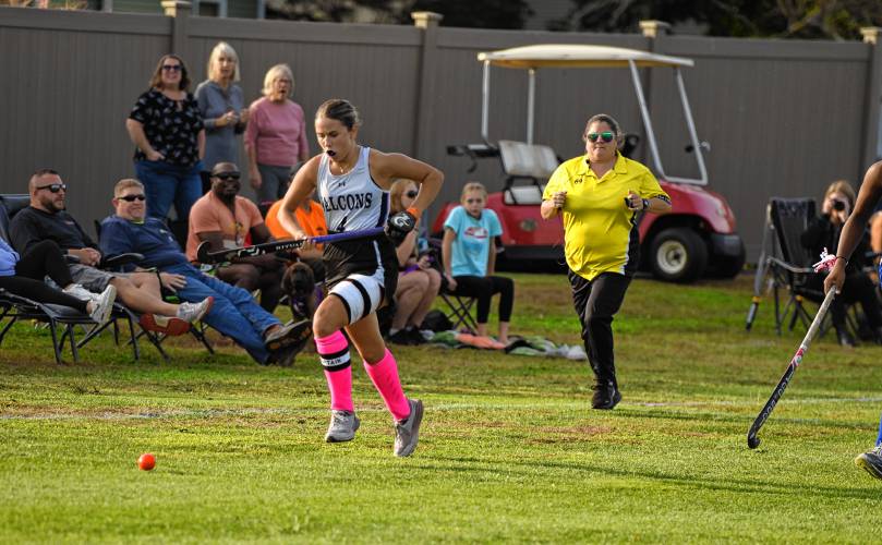 Smith Academy’s Alexa Jagodzinski (4) sprints down the sideline and toward the goal during the second half of the Falcons’ 2-1 win over Turners Falls on Thursday afternoon in Hatfield.