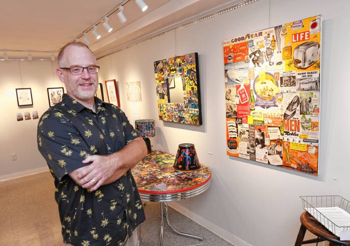 Tim Gorts with his exhibit “Its Never Too Late To Create” at the Artspace Community Arts Center on Mill Street in Greenfield. The exhibit is on vie