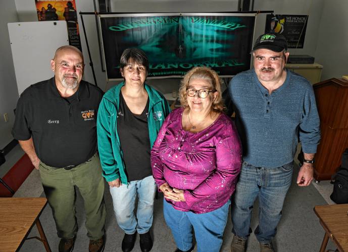 Quabbin Valley Paranormal meets at the Orange Fire Department’s secondary station on Mill Yard Road. From left are Gerry Powling, of Orange, Ann Benard, of Templeton, Ingrid Pollard, of Orange, and Steve Maggiolino, of Easthampton.