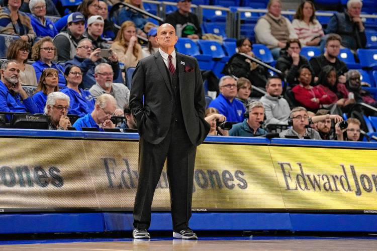 UMass men’s basketball head coach Frank Martin is seen on the sidelines during the first half of a game against Saint Louis on Jan. 27 in St. Louis.