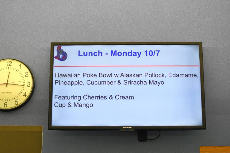 The available lunch items shown on the morning announcements at Ralph C. Mahar Regional School in Orange on Monday.