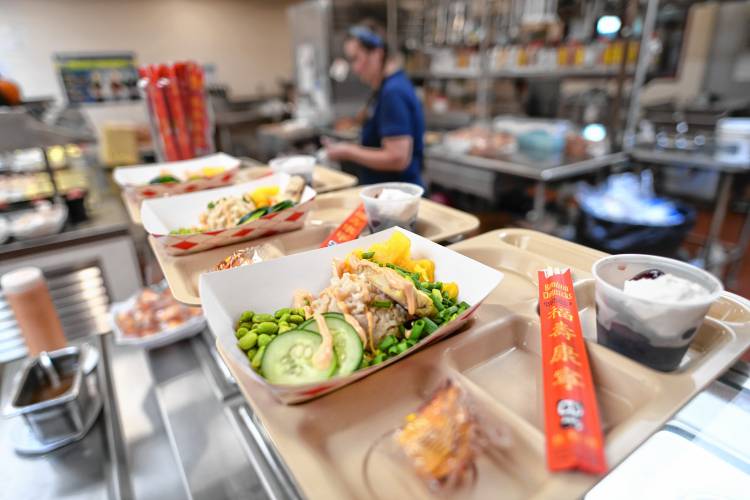 Poke bowls featuring Alaskan pollock and edamame at lunch at Ralph C. Mahar Regional School in Orange on Monday.