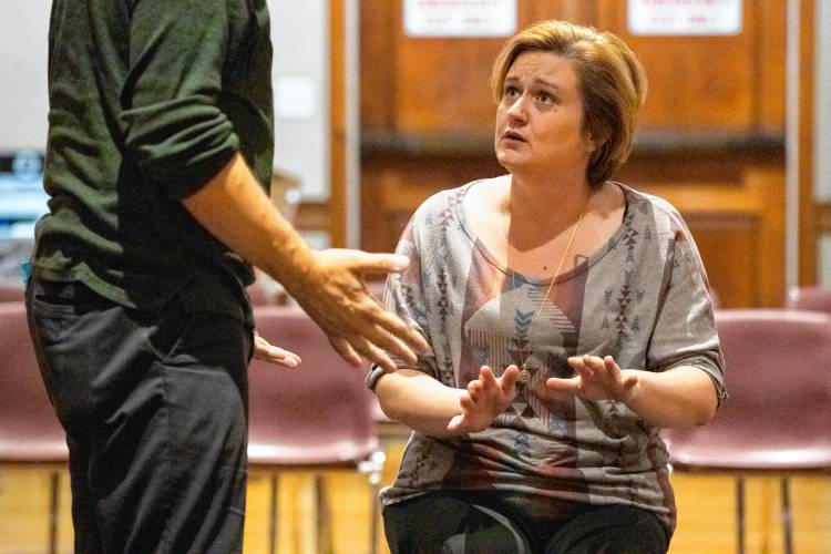 Cici Drzik and Benjamin Hersey rehearse Valley Players’ production of “Constellations” at Munson Memorial Library in Amherst.