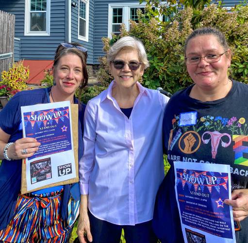 Ashleigh Young, left, and Amanda Brown, seen here with U.S. Sen. Elizabeth Warren, have planned a “Show Up and Stand Out” event for the Greenfield Common on Oct. 19 to advocate for the Democratic Party and its principles ahead of the November election.