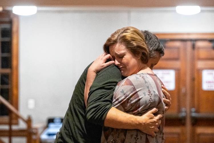 Benjamin Hersey and Cici Drzik rehearse Valley Players’ production of “Constellations” at Munson Memorial Library in Amherst.