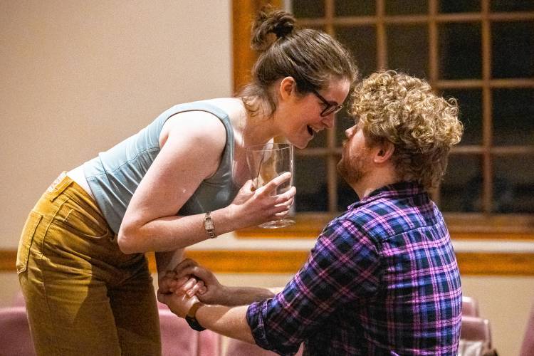 Lindsey Campbell and Terrance J. Peters rehearse Valley Players’ production of “Constellations” at Munson Memorial Library in Amherst.