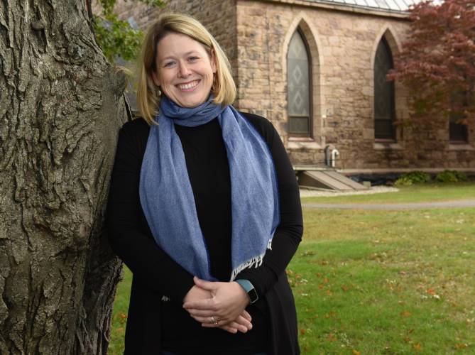 The Rev. Heather Blais outside the Church of Saints James and Andrew in Greenfield.