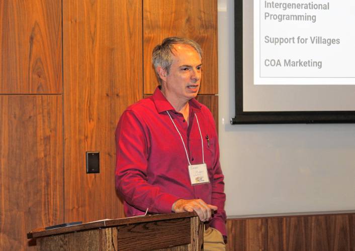 Jason Molony, the region’s new age-friendly program director, speaks at a Community Health Improvement Plan (CHIP) meeting at the John W. Olver Transit Center in Greenfield on Thursday afternoon.