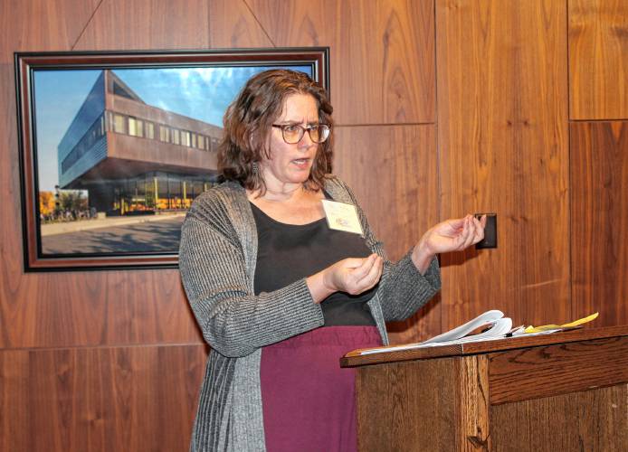 Jen Audley, Community Health Improvement Plan project coordinator for the Franklin Regional Council of Governments, speaks at a CHIP meeting at the John W. Olver Transit Center in Greenfield on Thursday afternoon.