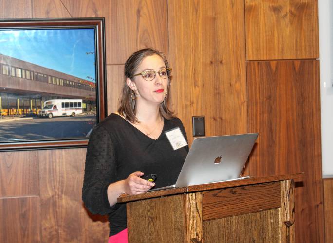 Allison van der Velden, CEO of the Community Health Center of Franklin County, speaks at a Community Health Improvement Plan (CHIP) meeting at the John W. Olver Transit Center in Greenfield on Thursday afternoon.