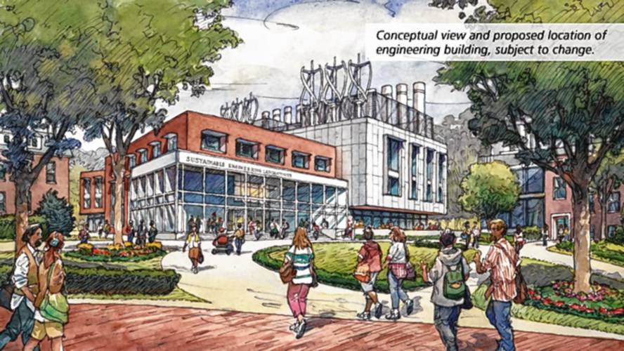 An artist’s conception shows the new Sustainable Engineering Labs at UMass, due to be completed by the summer of 2026, one of the two campus buildings that will be powered by an array of geothermal wells.