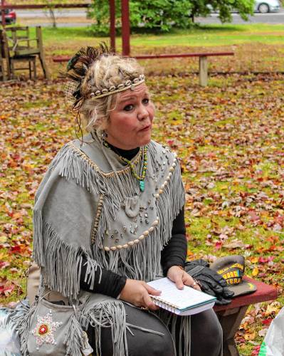 Theresa “Star” Stewart leads a brief ceremony on Sunday to recognize the land at 1475 Mohawk Trail (Route 2) in Charlemont. The property was the site of Native American powwows for decades.